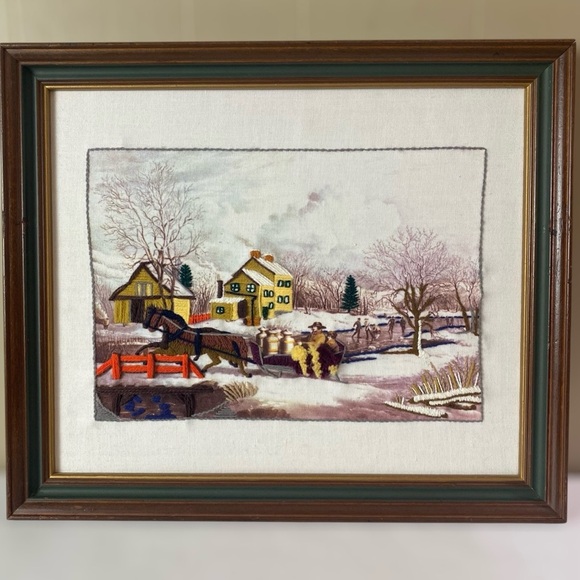 Vintage Crewel Needlepoint Folk Art Farmhouse Sleigh Ride Wall Art Picture - Picture 1 of 14